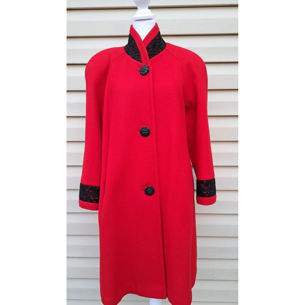 Jofeld Women's Red Wool Blend Coat Black Embroidered Trim Made In USA VTG Size S